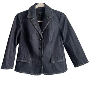 Talbots Denim Blazer SZ 2P Dark Wash Tweed Trim Classic Old Money Jacket